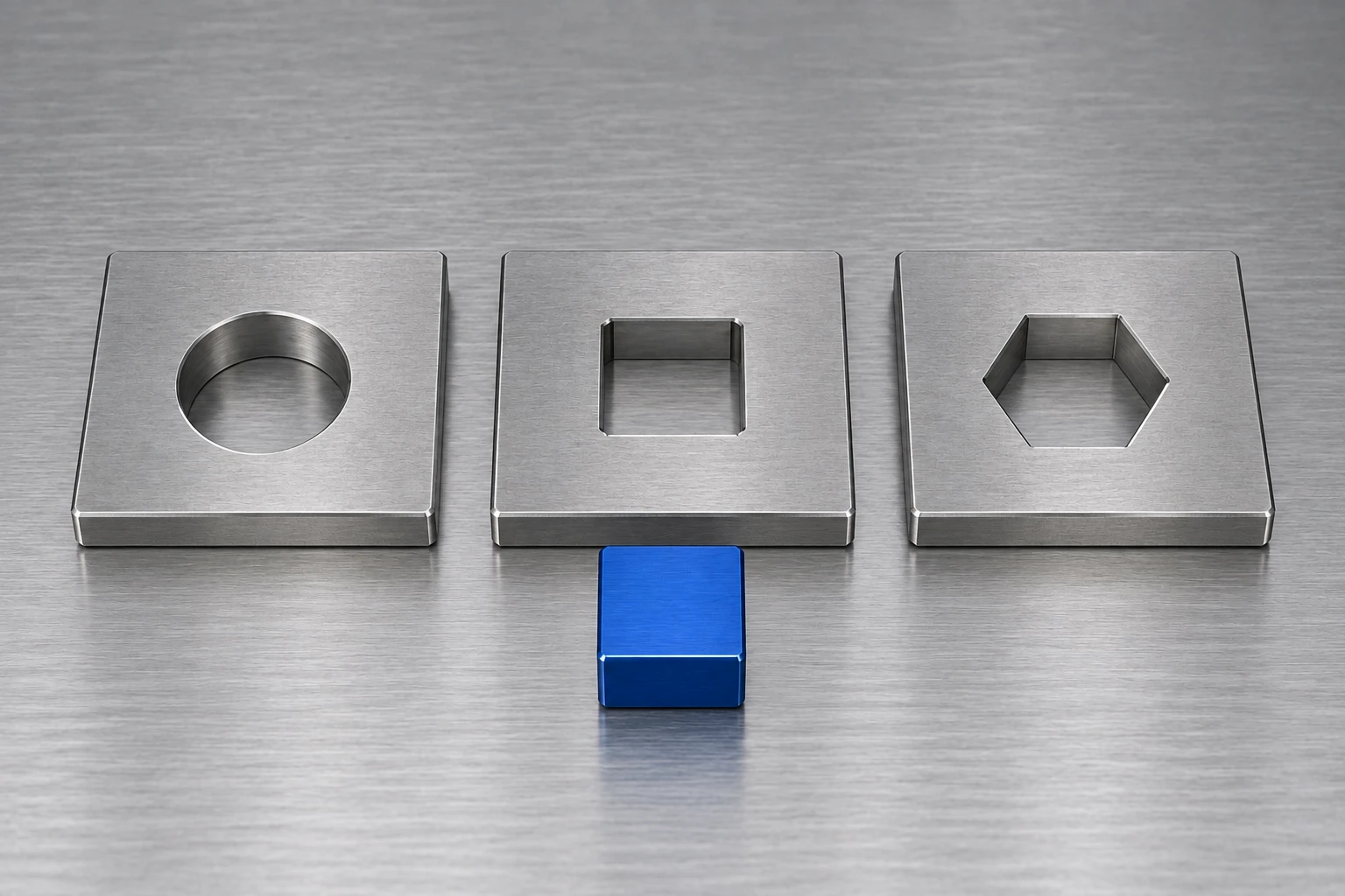 Three machined steel fixture plates on a bench, each with a differently shaped socket, and beside them one cobalt key that fits only the middle socket