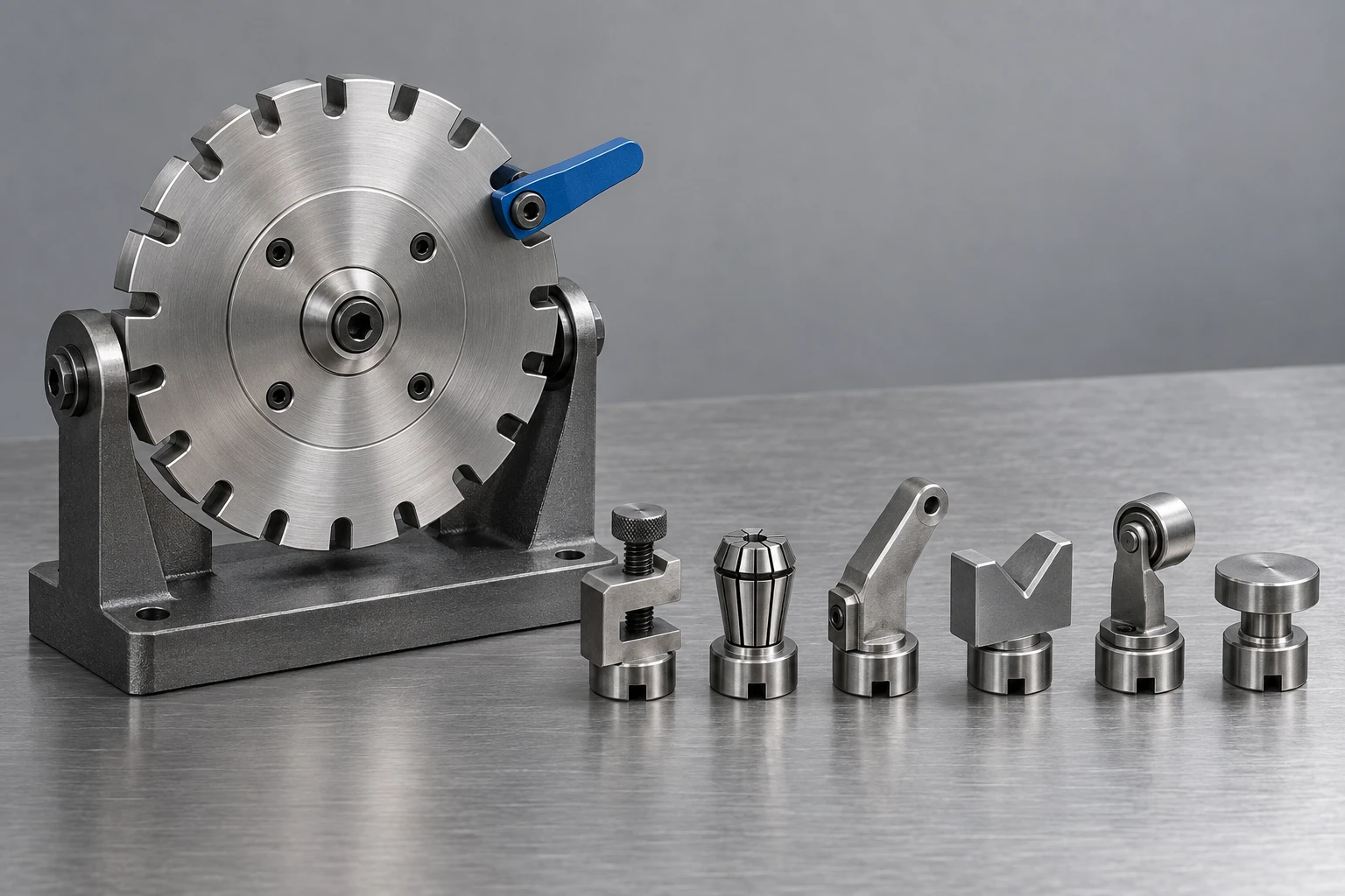 A machined steel index plate mounted in a fixture on a bench, with eight different tools laid out in a row beside it, each coupled to the same central pointer arm
